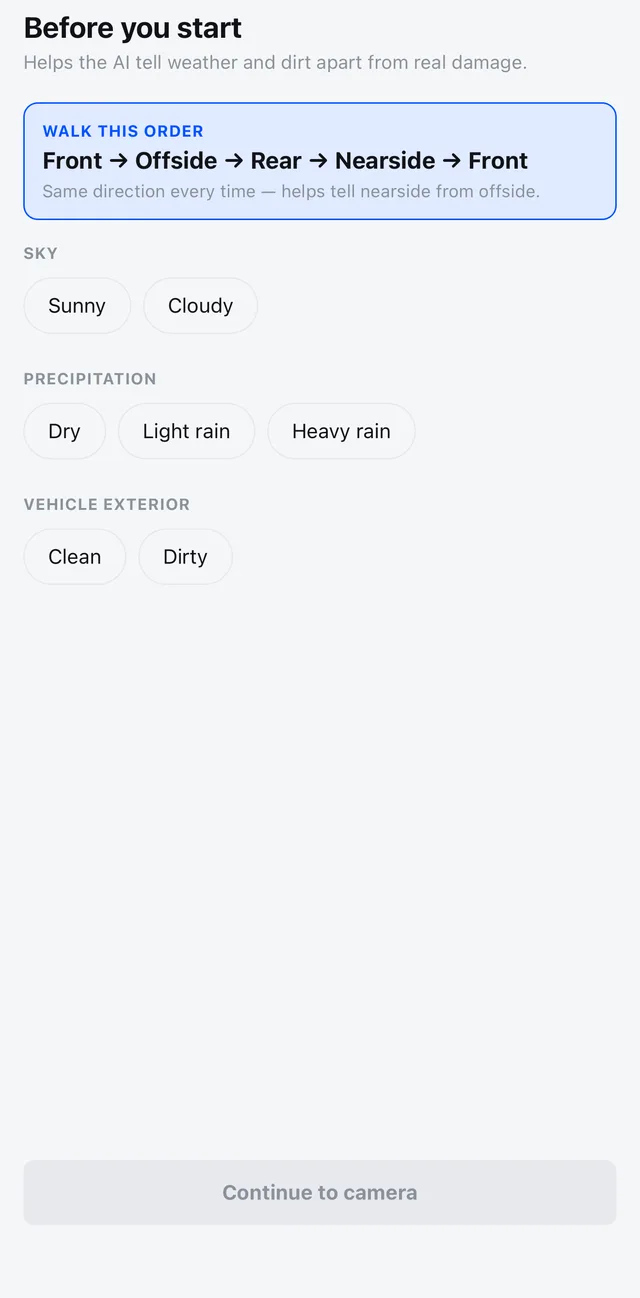 Pre-inspection checklist for sky, precipitation and vehicle exterior condition